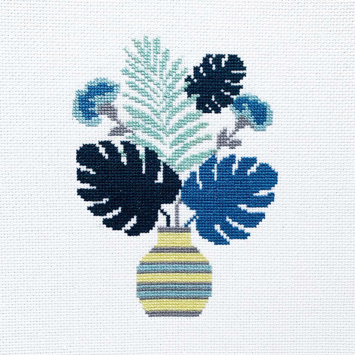 Blue Plants Counted Cross Stitch Kit Modern Beginner Friendly Botanical Design - Main Design Pattern