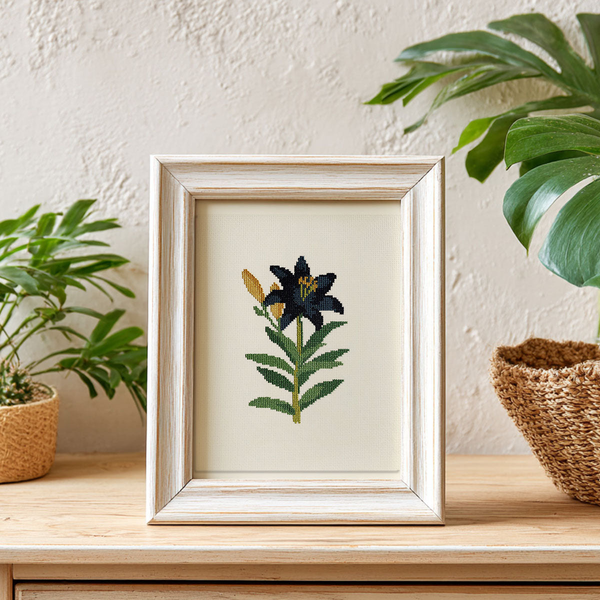 Black Lily Counted Cross Stitch Kit Vintage Floral Design - Lifestyle Photo