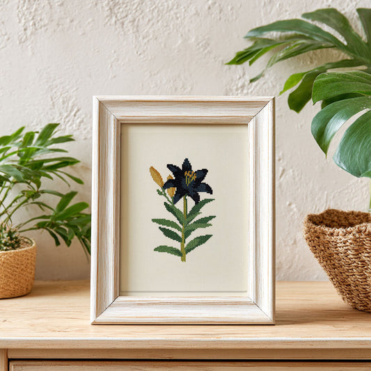 Black Lily Counted Cross Stitch Kit Vintage Floral Design - Lifestyle Photo