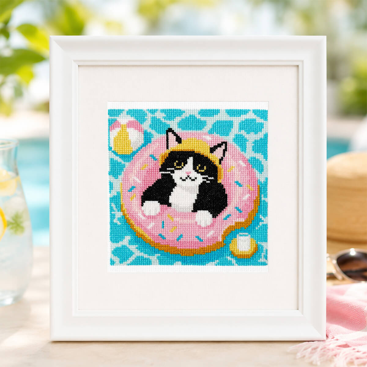 Pool Day Tuxedo Cat Cross Stitch Kit - Lifestyle Photo